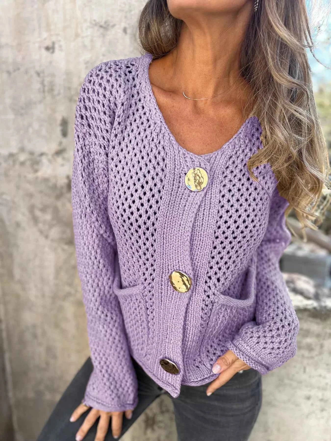Crochet Button Up Long Sleeve Cardigan Purple 97ccabadf24241aea14215f29e6ae240-Max-Origin