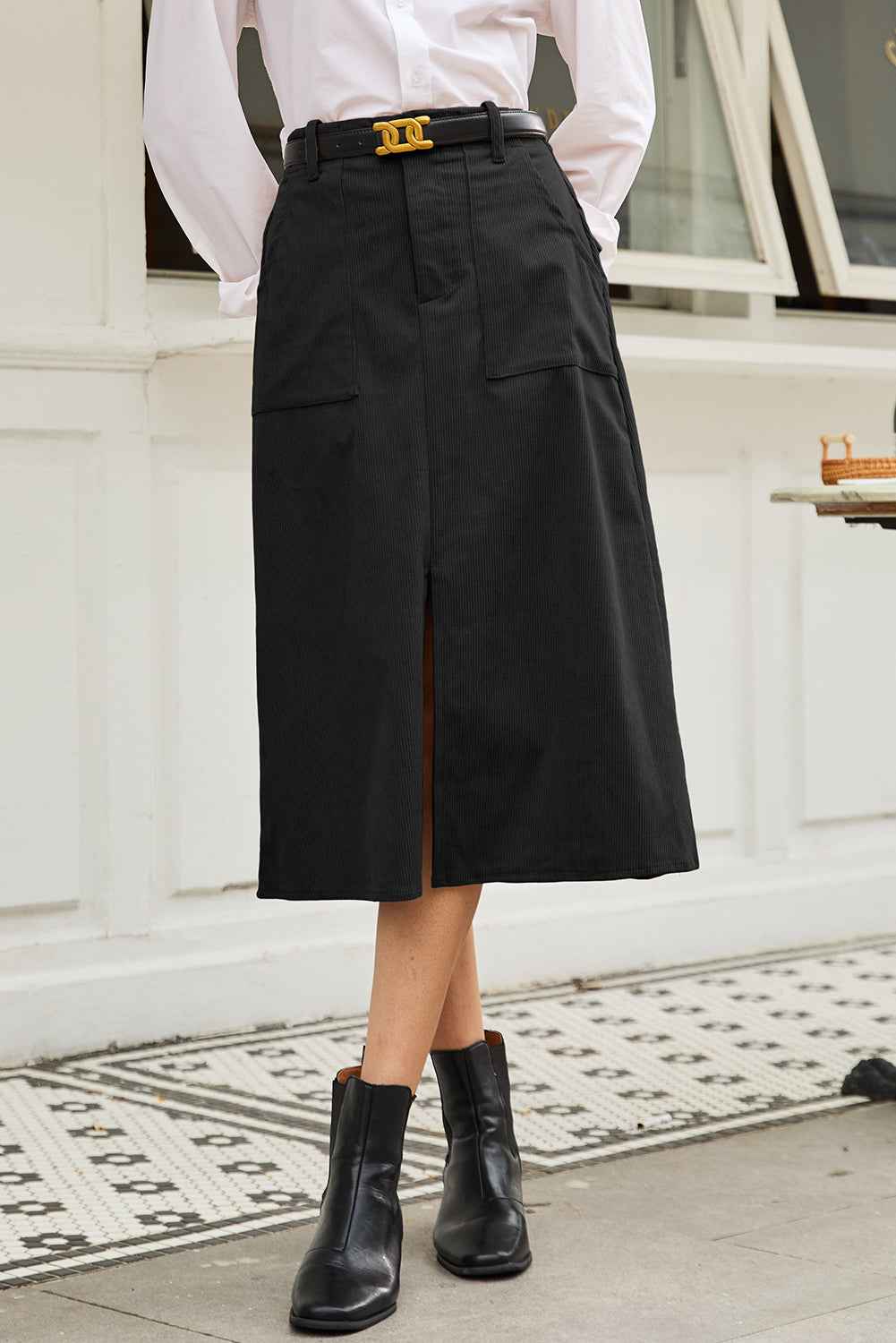 Black Front Slit Shift High Waist Midi Skirt 97d051a38b6b5167
