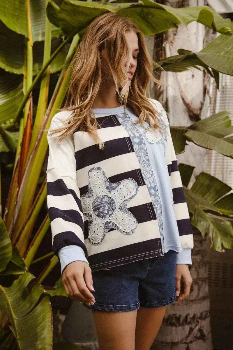 BiBi Patchwork Striped Round Neck Sweatshirt 97d16eb8234a4e1aaa72d338aa5c1459-Max-Origin