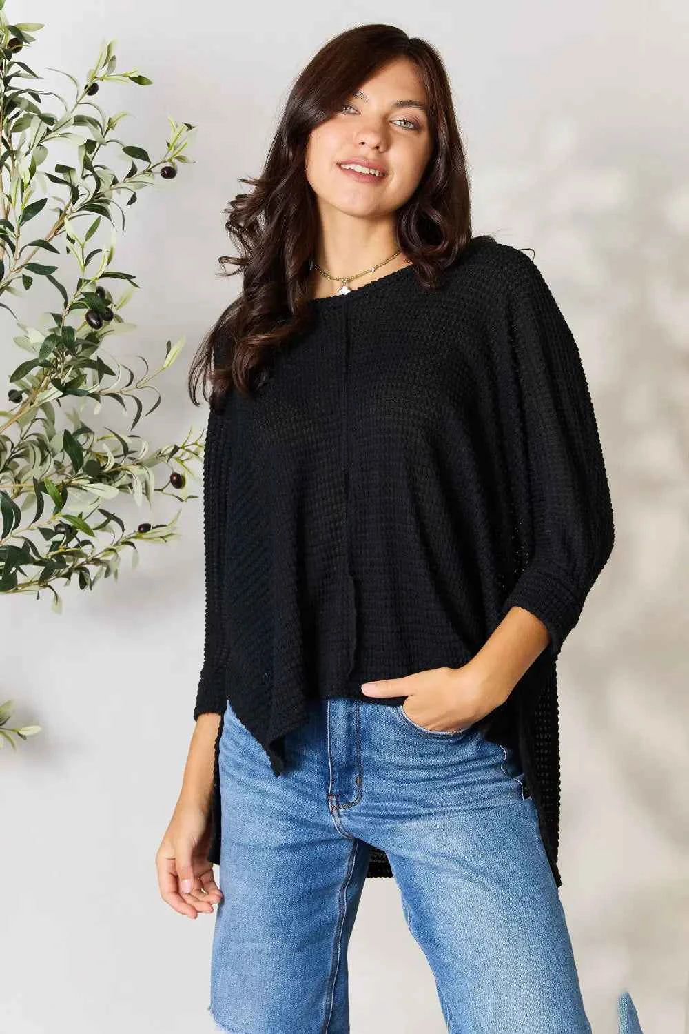 Zenana Full Size Round Neck High-Low Slit Knit Top Black 97d258bebb35430b97858ca120ea5bc8-Max