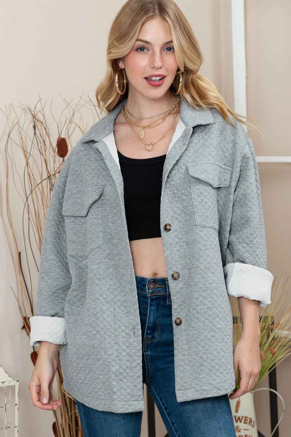 Gray Lattice Texture Retro Flap Pocket Button Quilted Shacket 97d3851753f62a4c