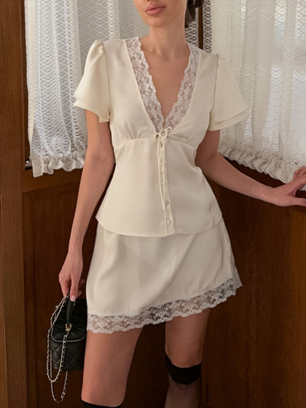 Lace Trimmed Top and Skirt Two-Piece Set Beige 97d8daa3-2d6b-45b2-b752-1296af7eeb41-Max