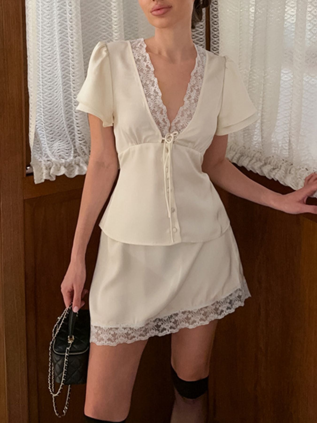 Lace Trimmed Top and Skirt Two-Piece Set Beige 97d8daa3-2d6b-45b2-b752-1296af7eeb41-Max