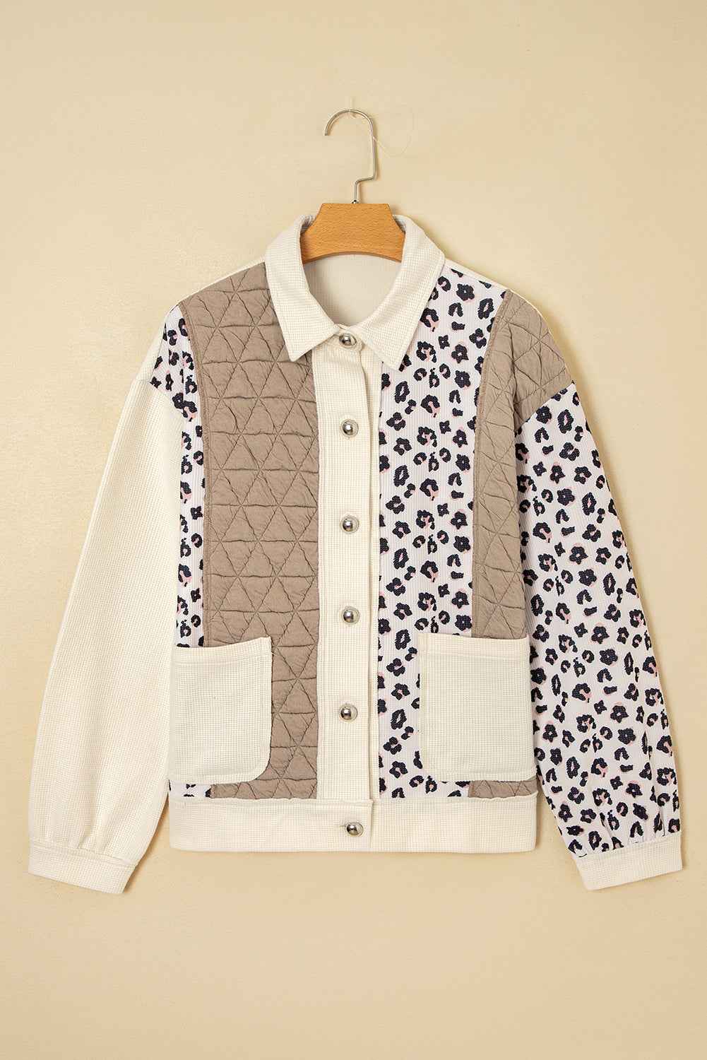 Khaki Leopard Waffle Quilted Patchwork Button Front Jacket 97e116d787b62c23