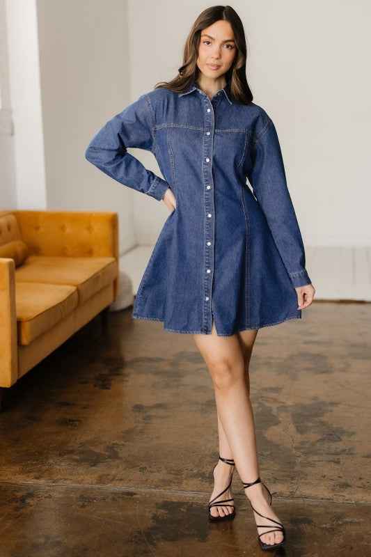 Denim Shirt Collar Long Sleeve Mini Dress 97e2283a-a4a4-4e54-91d4-1dffe173b70a