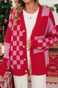 Fiery Red Colorblock Plaid Button Knit Cardigan Fiery Red 42%Acrylic+30%Polyester+28%Polyamide 97e66661b349278e