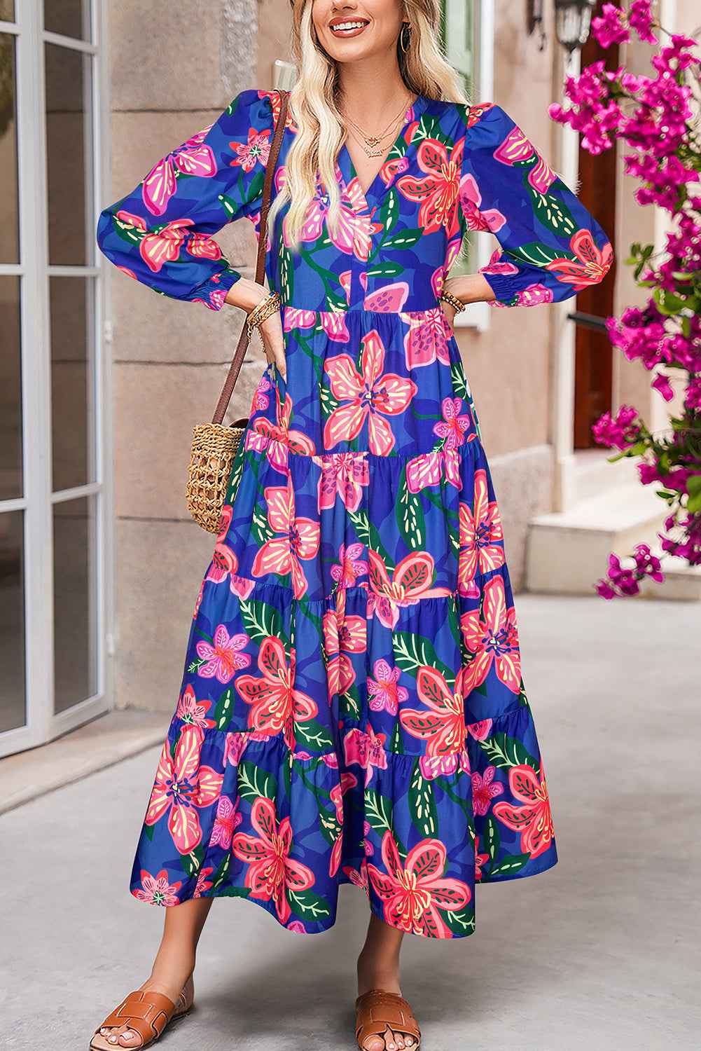 Blue Bohemian Floral Print Three Quarter Sleeve Tiered Maxi Dress Blue 100%Polyester 97ecaa75ca7b52ac