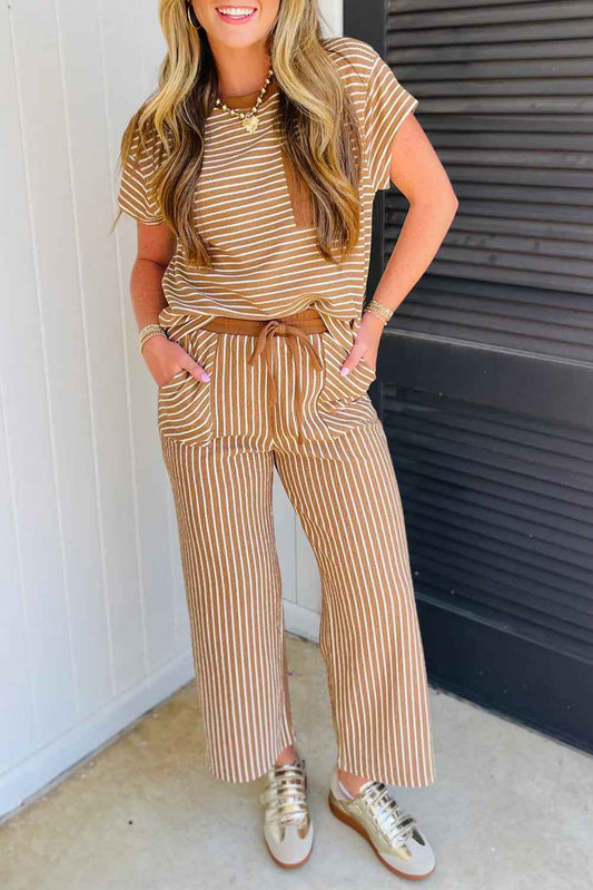Khaki Stripe Crew Neck Tee Drawstring Waist Cropped Pants Set Khaki Stripe 95%Polyester+5%Elastane 97ecb25b44759096
