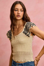 SO ME Wavy Textured Knit Top With Fluttered Sleeves 97eebbf66093410bb5f7a8a9aba8bfac-Max