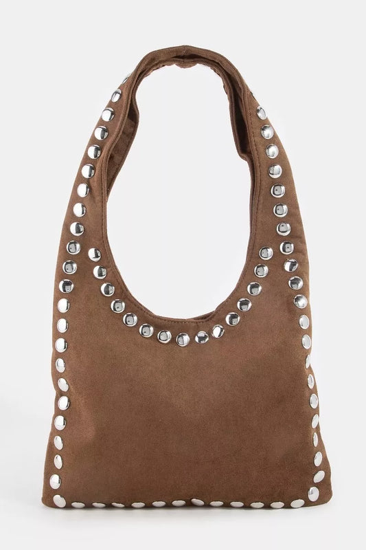 Fame Grommet Border Studded Suede Shoulder Bag DBR One Size 97ef65dc-d410-4744-b85e-042460d553c0-Max-Origin
