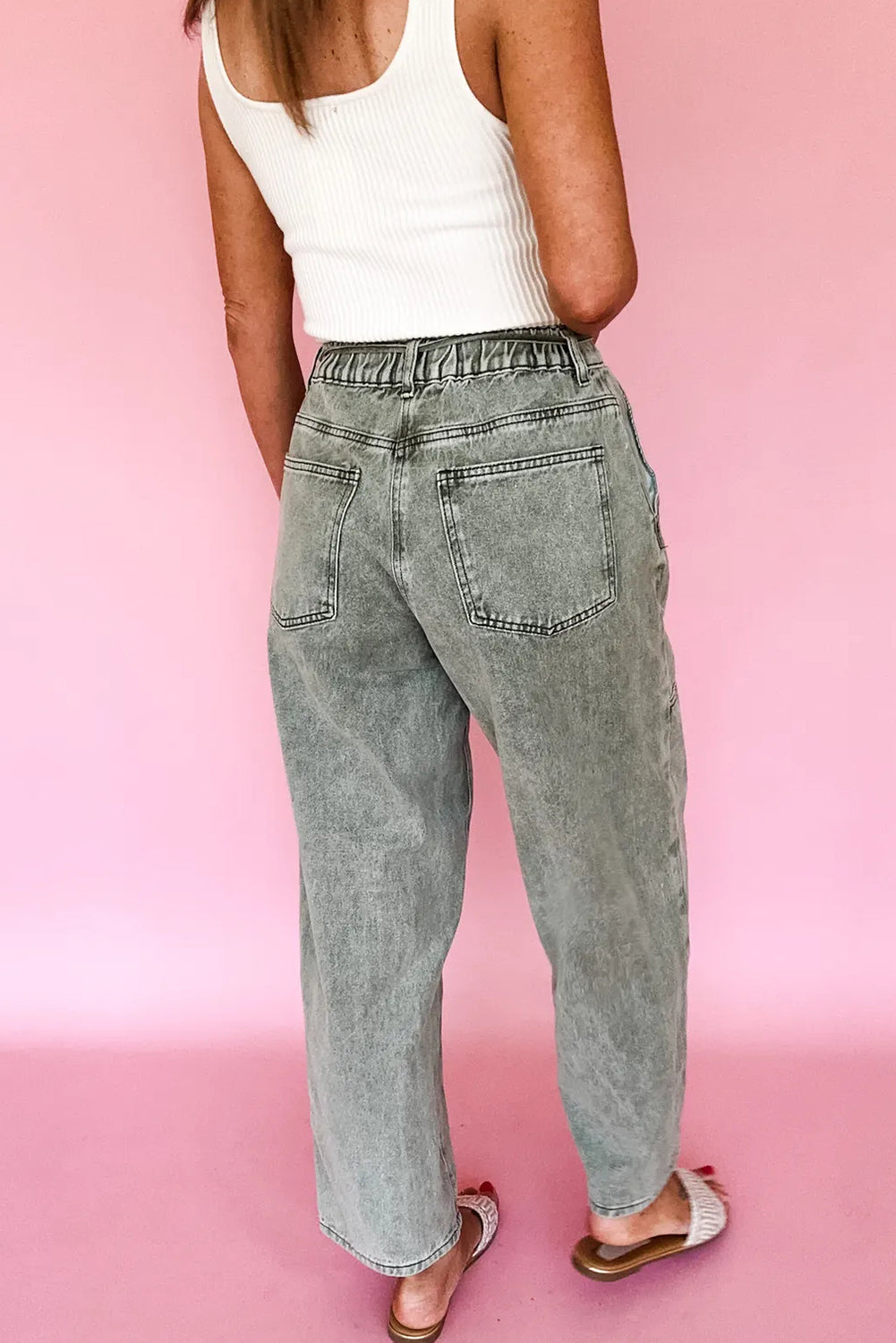 Smoke Gray Acid Wash Barrel Fit Denim Pants with Waist String 97f06904f1bb89f7