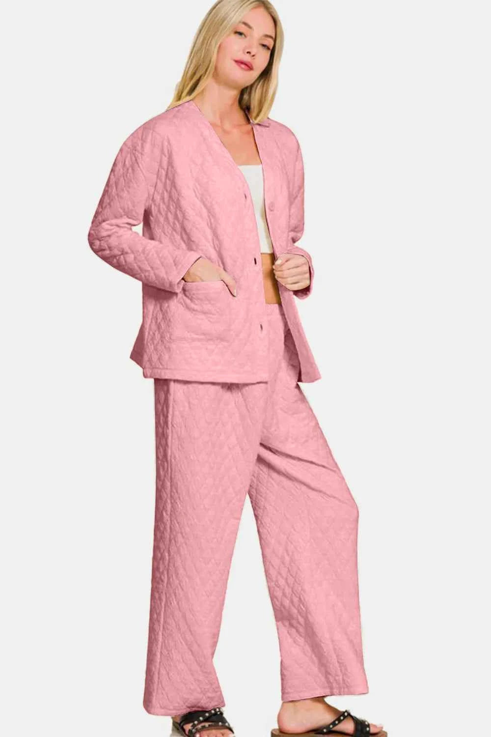Zenana Quilted Button Up Long Sleeve Top and Pants Lounge Set 97f4f1f2-40ad-44a9-8a49-e4b005cf9fef-Max