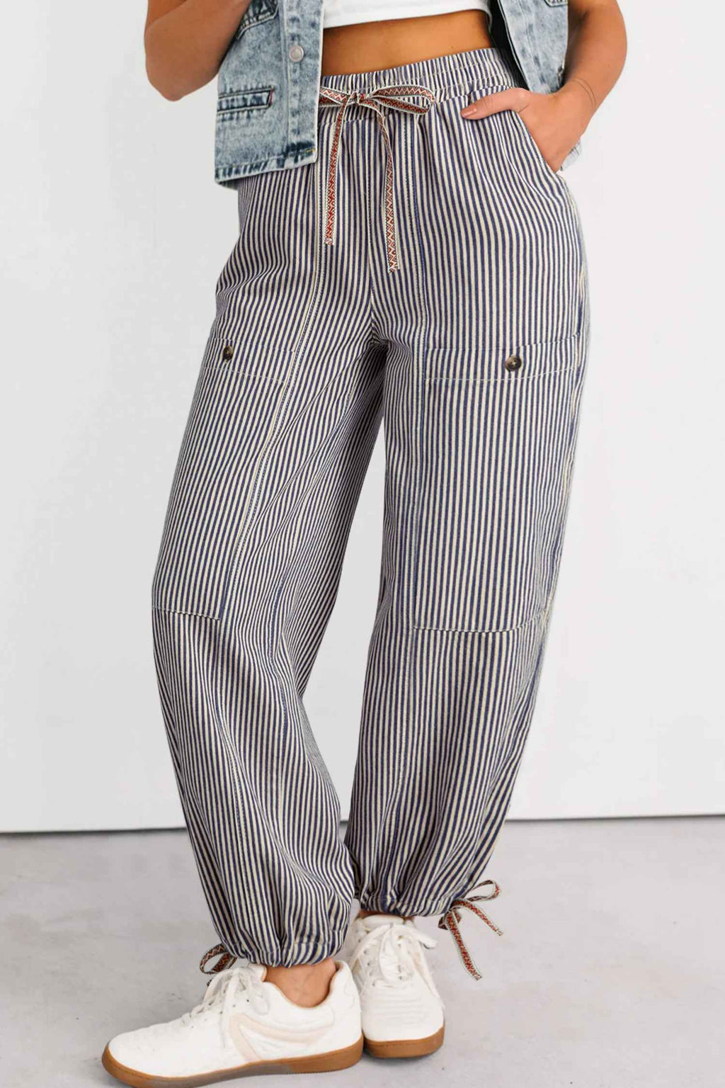 Khaki Stripe Button Patch Pocket Drawstring Elastic Waist Loose Pants Khaki Stripe 56%Cotton+44%Polyester 97ff48bbc421a00f