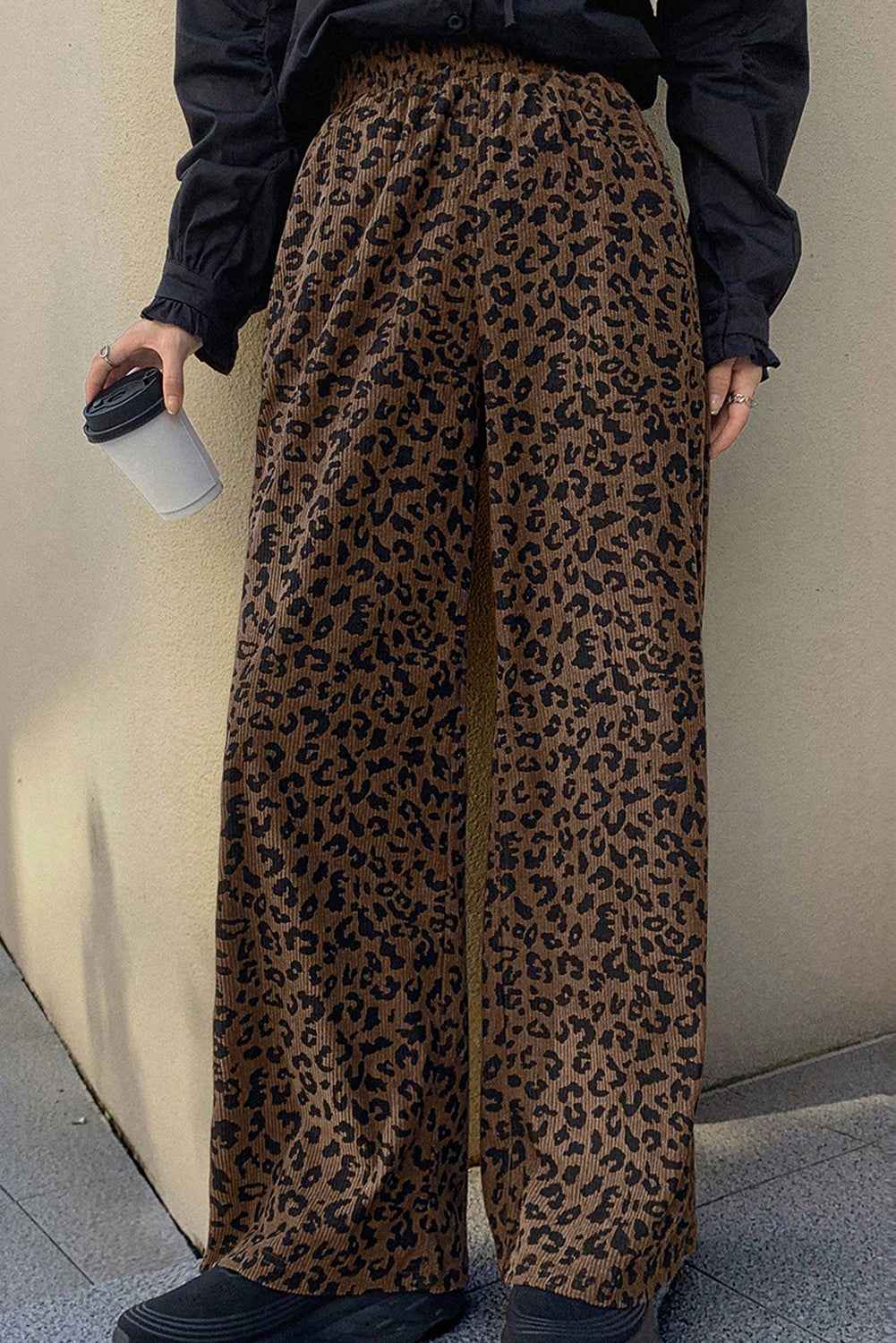 Dark Brown Leopard Print Elastic High Waist Loose Corduroy Pants 98034b0a021c0641