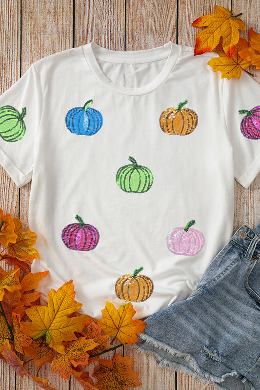 White Sequin Pumpkin Patched Cotton Blend T Shirt White 62%Polyester+32%Cotton+6%Elastane 980ae0d4de404d23