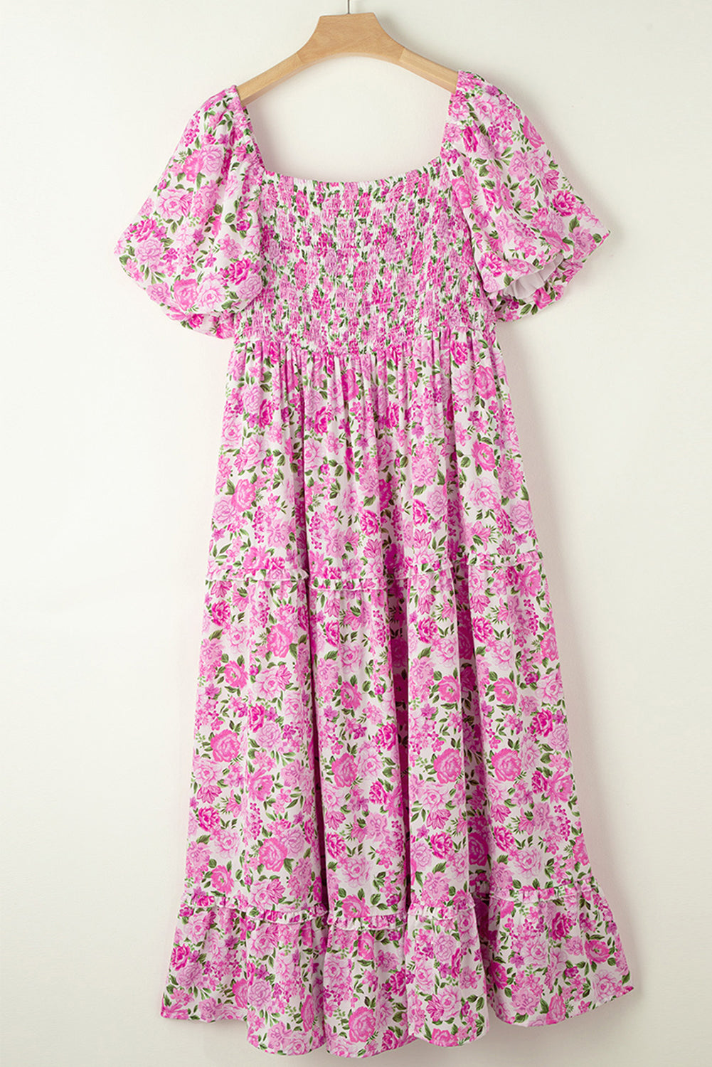 Pink Floral Smocked Puff Sleeve Flowy Midi Dress 980b626b4983855f