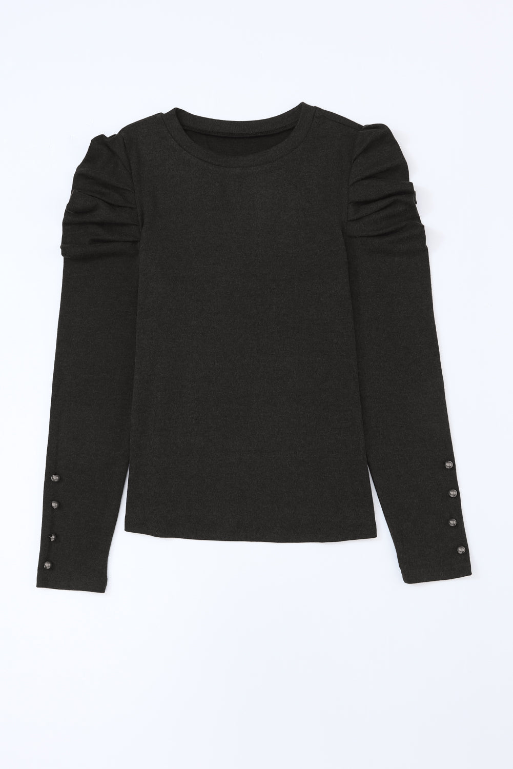 Black Plain Buttoned Puff Long Sleeve Sheath Top 980f9a58925f1c85