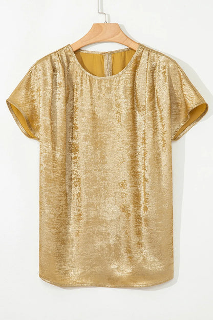 Metallic Gold Short Sleeve Casual Blouse