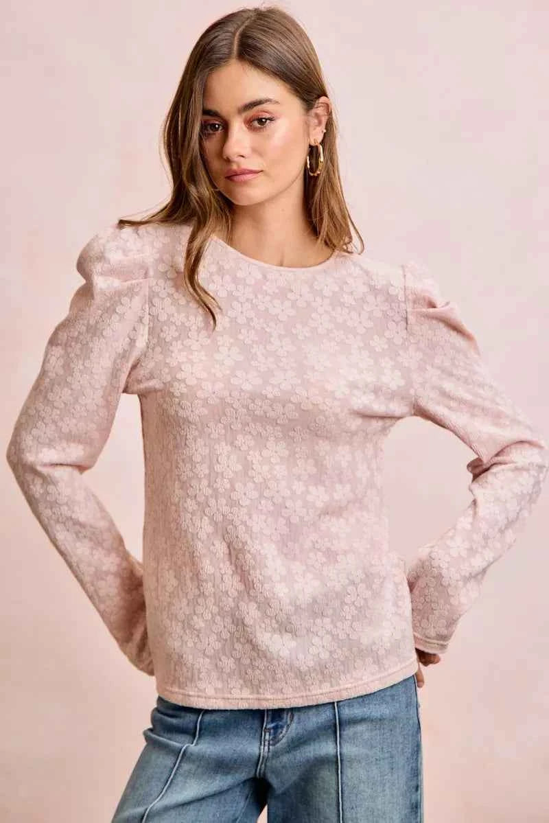 BiBi Textured Flower Knit Puff Shoulder Top 98155c7519be4367a324b75de3bf33ed-Max-Origin