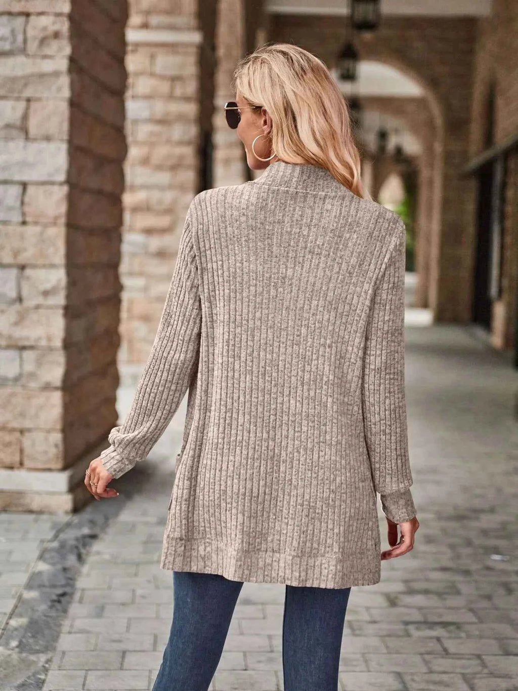 Ribbed Open Front Long Cardigan with Pockets 98164dc9a381461a9d03b3b46f59aacc-Max-Origin