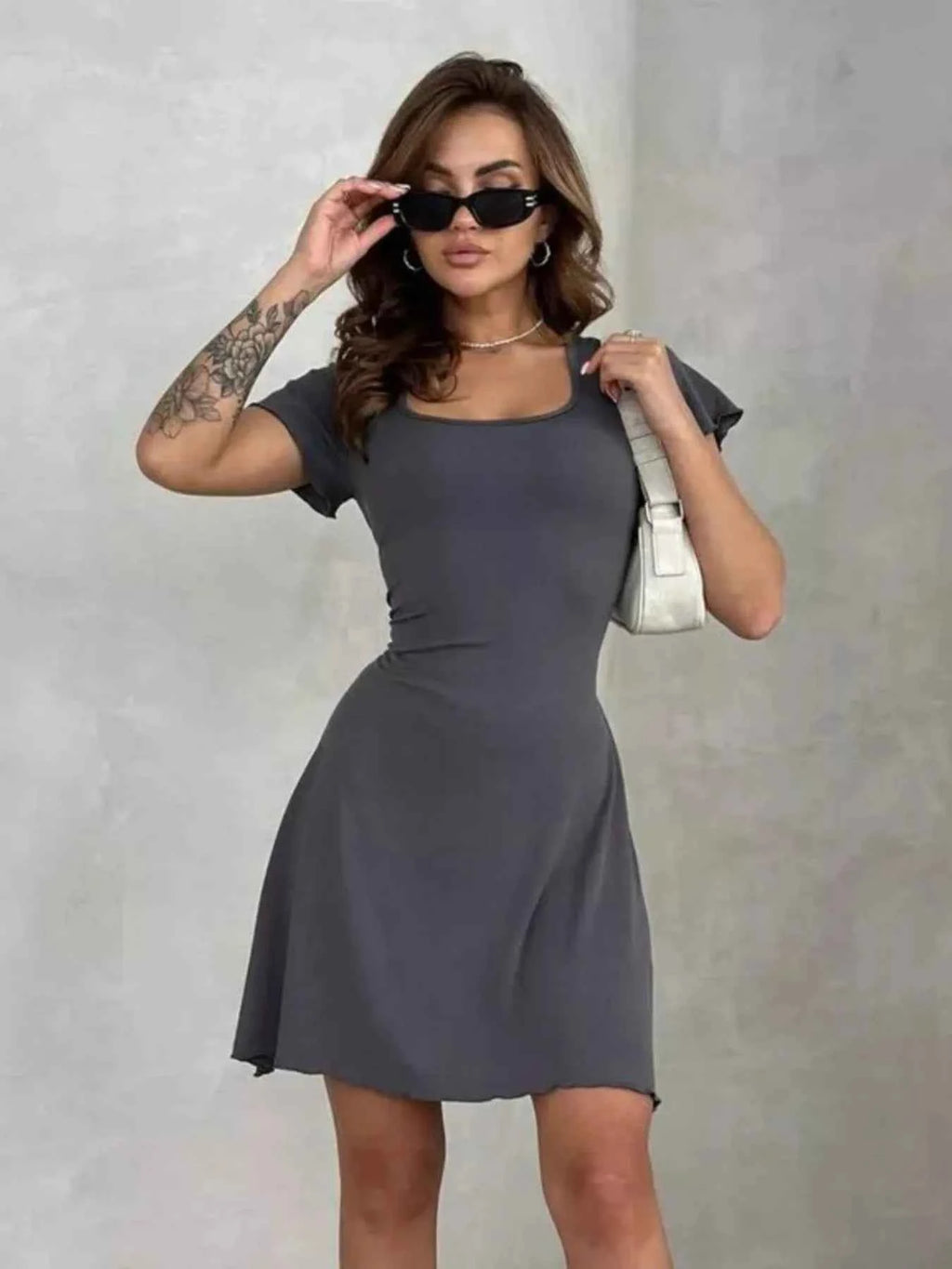 Ribbed Back Lace Up Short Sleeve Mini Dress 98190b3f-85b5-44d0-8c23-355660bfceec-Max-Origin