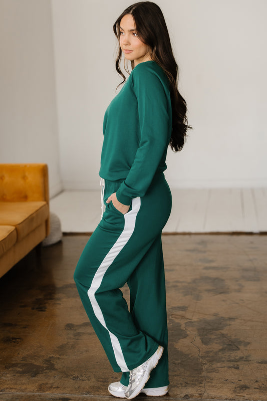 Sea Green Solid Color Pullover Top Varsity Stripe Detail Loose Drawstring Pants Set 9823ebba54df80c1