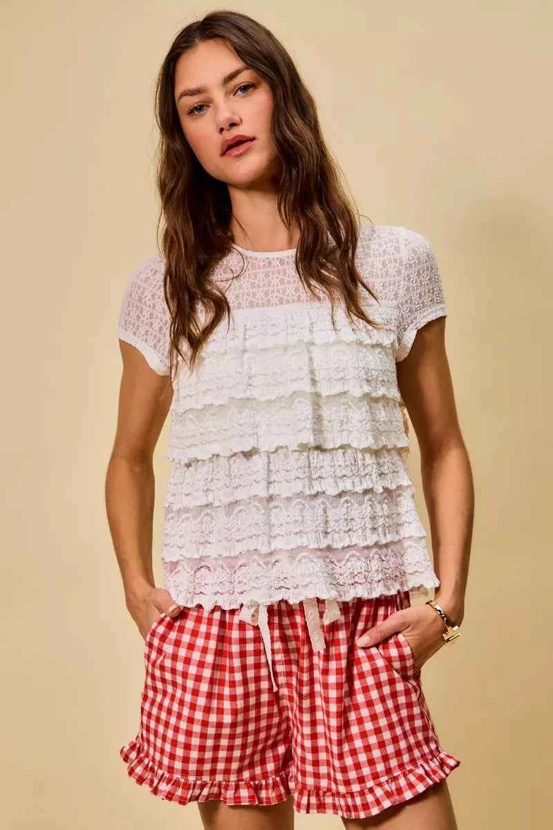 SO ME Ruffle Tiered Stretch Lace Short Sleeves Knit Top 9824ab11a24a404bbd3a6b67b48cf0d7-Max-Origin