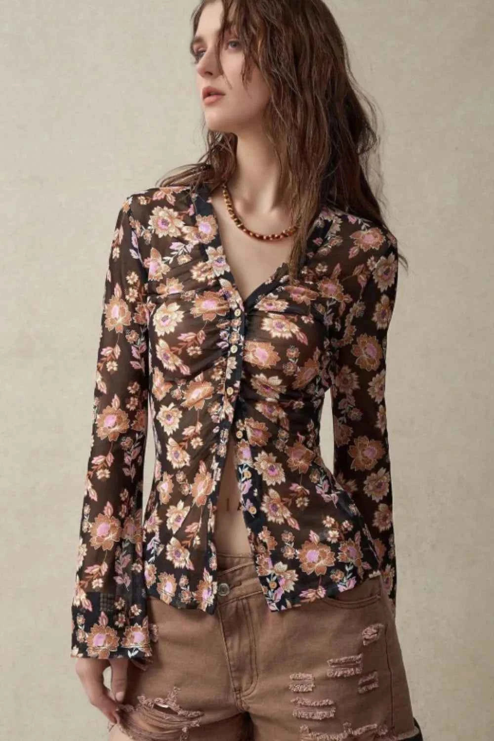 Floral Button-Front Shirt with Bell Sleeves Black 982db642-123d-4ae4-9f41-0518b24ba39e-Max-Origin