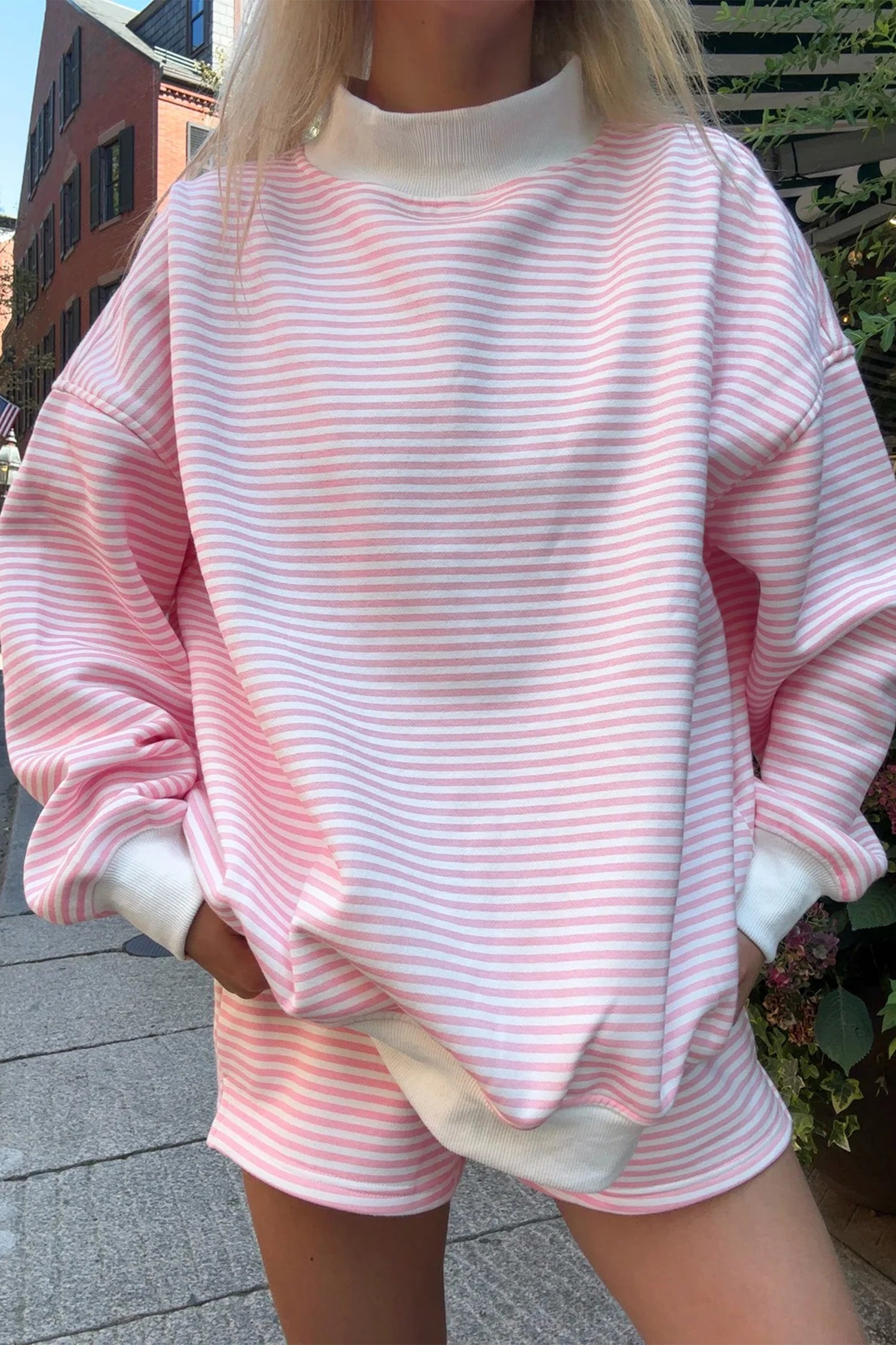 Pink Stripe Oversize Mock Neck Sweatshirt and Shorts Set 982f7dd57f6fe5cc