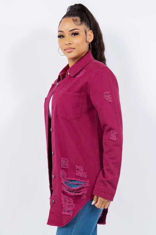 Distressed Button Up Long Sleeve Denim Jacket - 100% Cotton 982ff16a-7171-4d5e-a3cb-255d04b645ba-Max