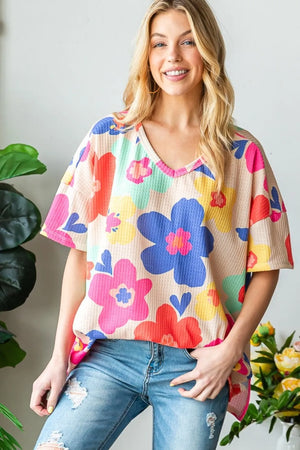 Full Size Floral V-Neck Side Slit T-Shirt Taupe 98362ae1-7fcc-4c95-a849-26dddf86195c-Max