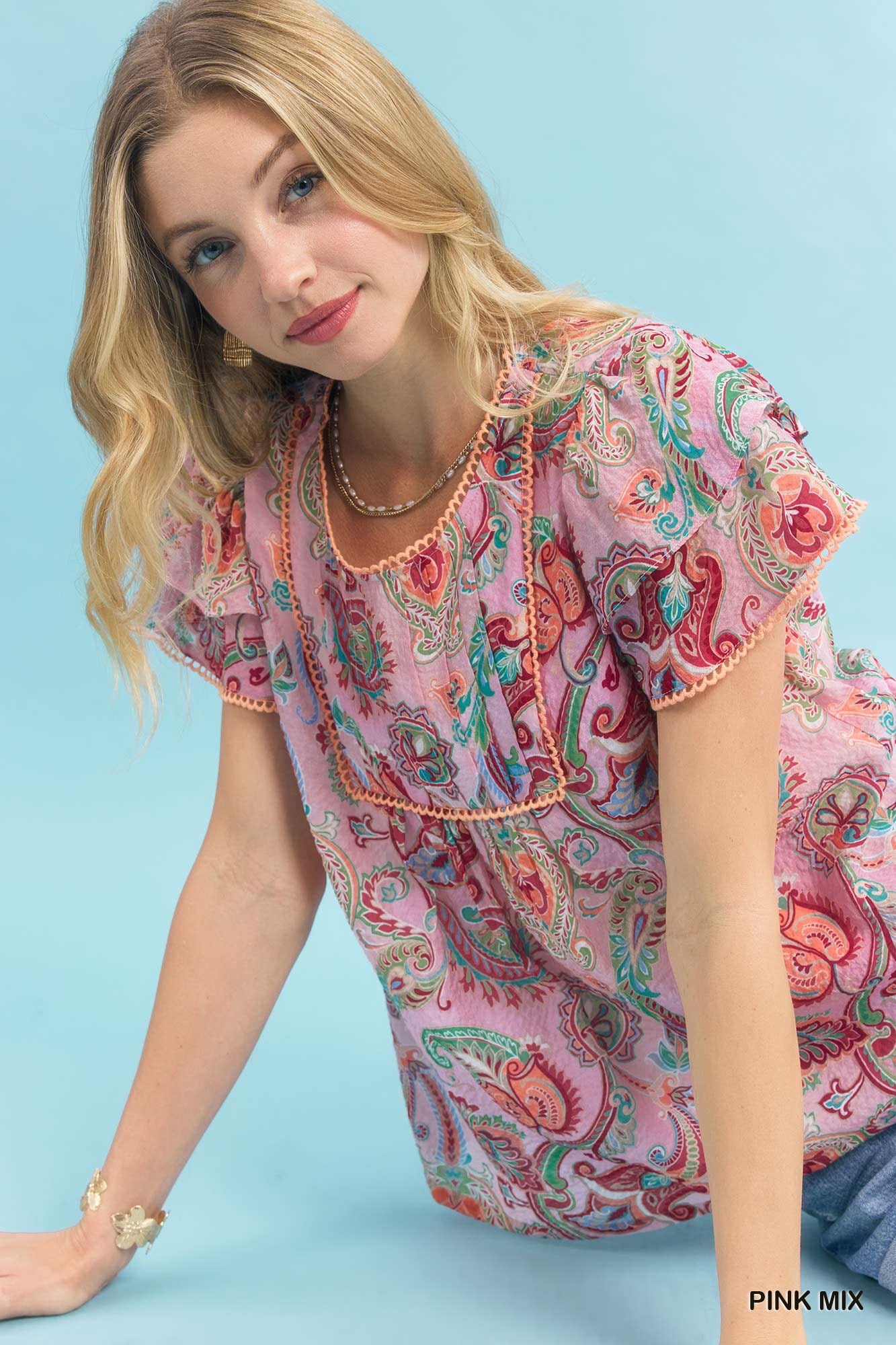 Umgee Mix Paisley Ruffle Sleeve Top 98370077-1e1c-4e22-828b-39f7b30e74c8-Max