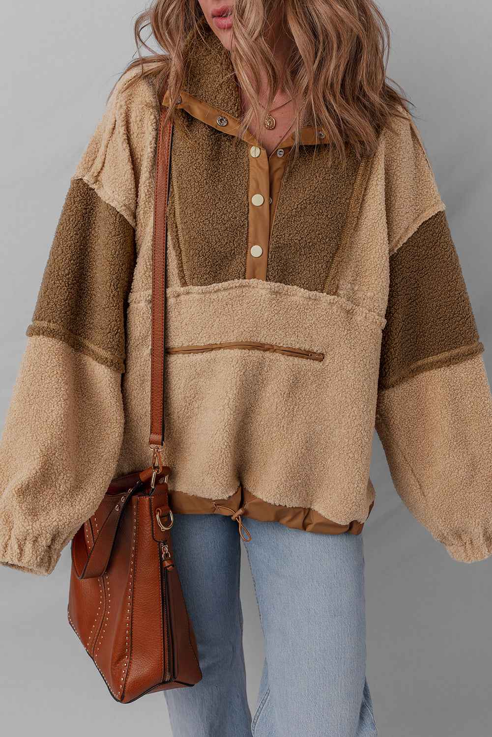 Straw Yellow 2-tone Color Block Patchwork Half Button Sherpa Sweatshirt 983907c2197024bd