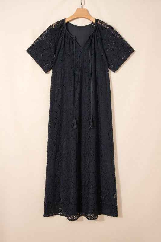 Lace Overlay Tassel Tie Short Sleeve Maxi Dress Black 983a91cf-d33f-4fb6-964c-8a98f638a22c