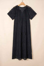 Lace Overlay Tassel Tie Short Sleeve Maxi Dress Black 983a91cf-d33f-4fb6-964c-8a98f638a22c