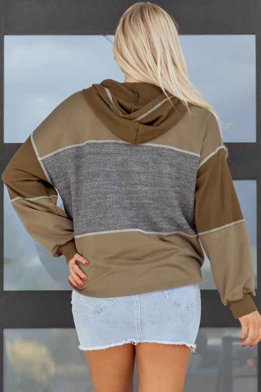 Waffle Knit Patchwork Buttoned Hooded Sweatshirt 98431752-7816-4112-90e2-93e915a4ae26