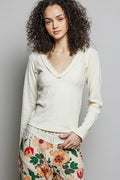 POL V-Neck Long Sleeve Ribbed Top with Lace-Accent Neckband CREAM 9847d539-5f20-440d-897e-12c1c734d25a-Max