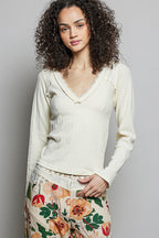 POL V-Neck Long Sleeve Ribbed Top with Lace-Accent Neckband CREAM 9847d539-5f20-440d-897e-12c1c734d25a-Max
