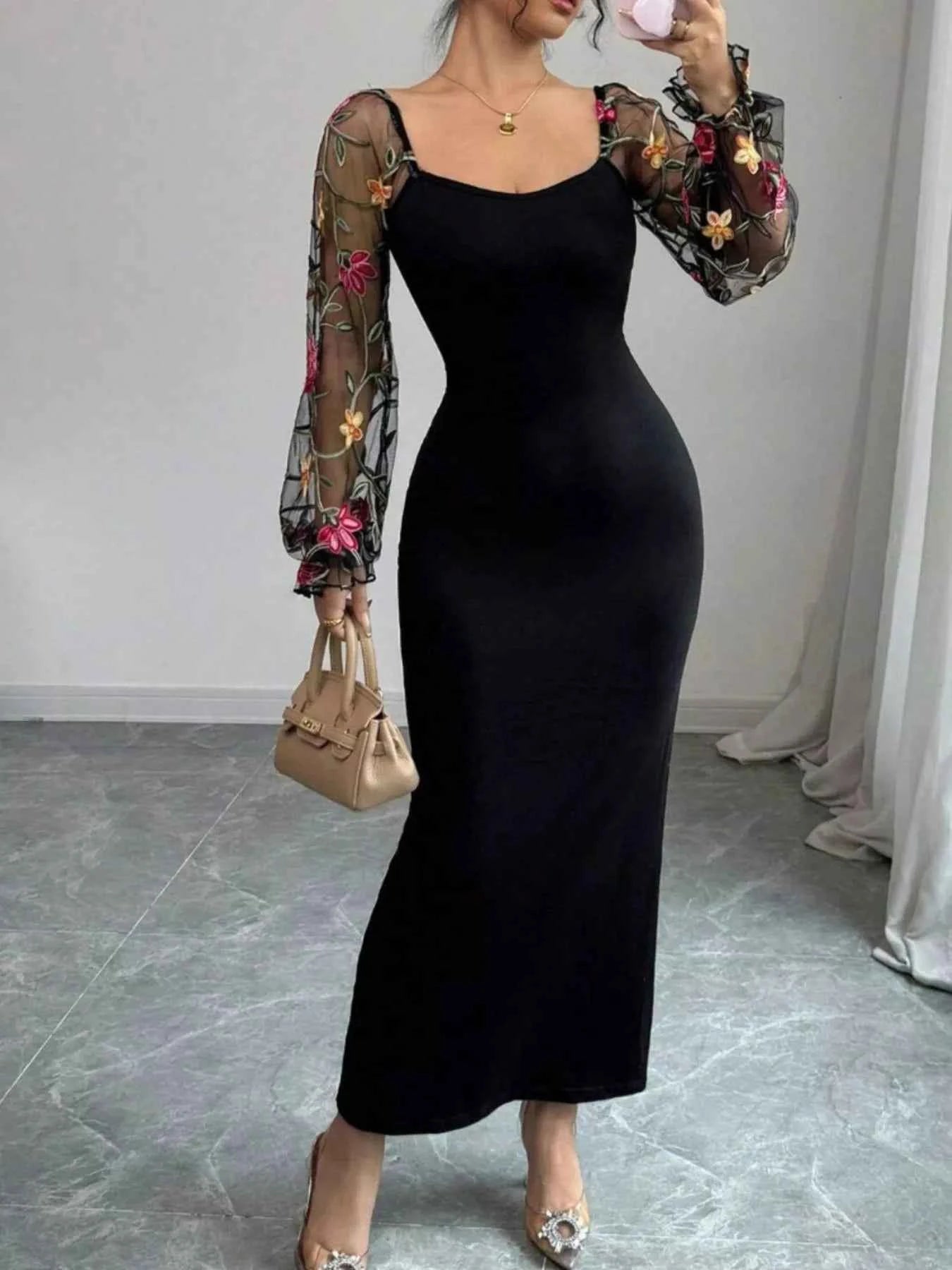 Sheer Floral Mesh Sleeves Bodycon Dress 98522286-61ff-4e82-98ba-2ed9cf961d6c-Max-Origin