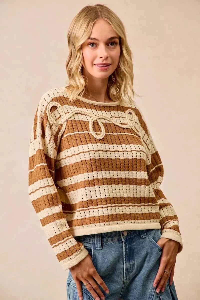 BiBi Striped Open Knit Sweater Top with Front Braided Detail BROWN 9857cae21b574a84a2115206753c3808-Max-Origin