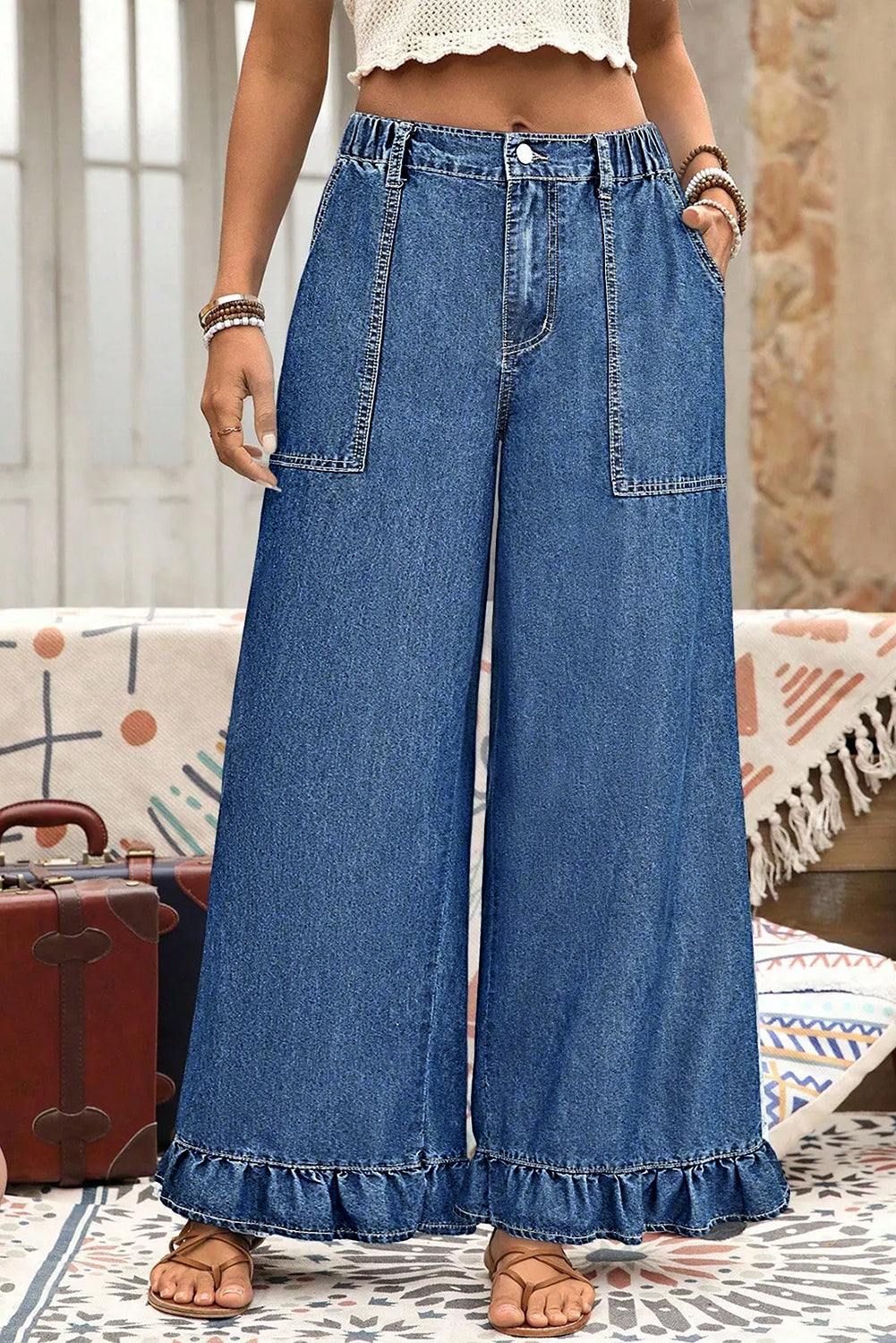 Sail Blue Plus Size Elastic Waist Ruffled Wide Leg Denim Pants 986079e09269cf6e
