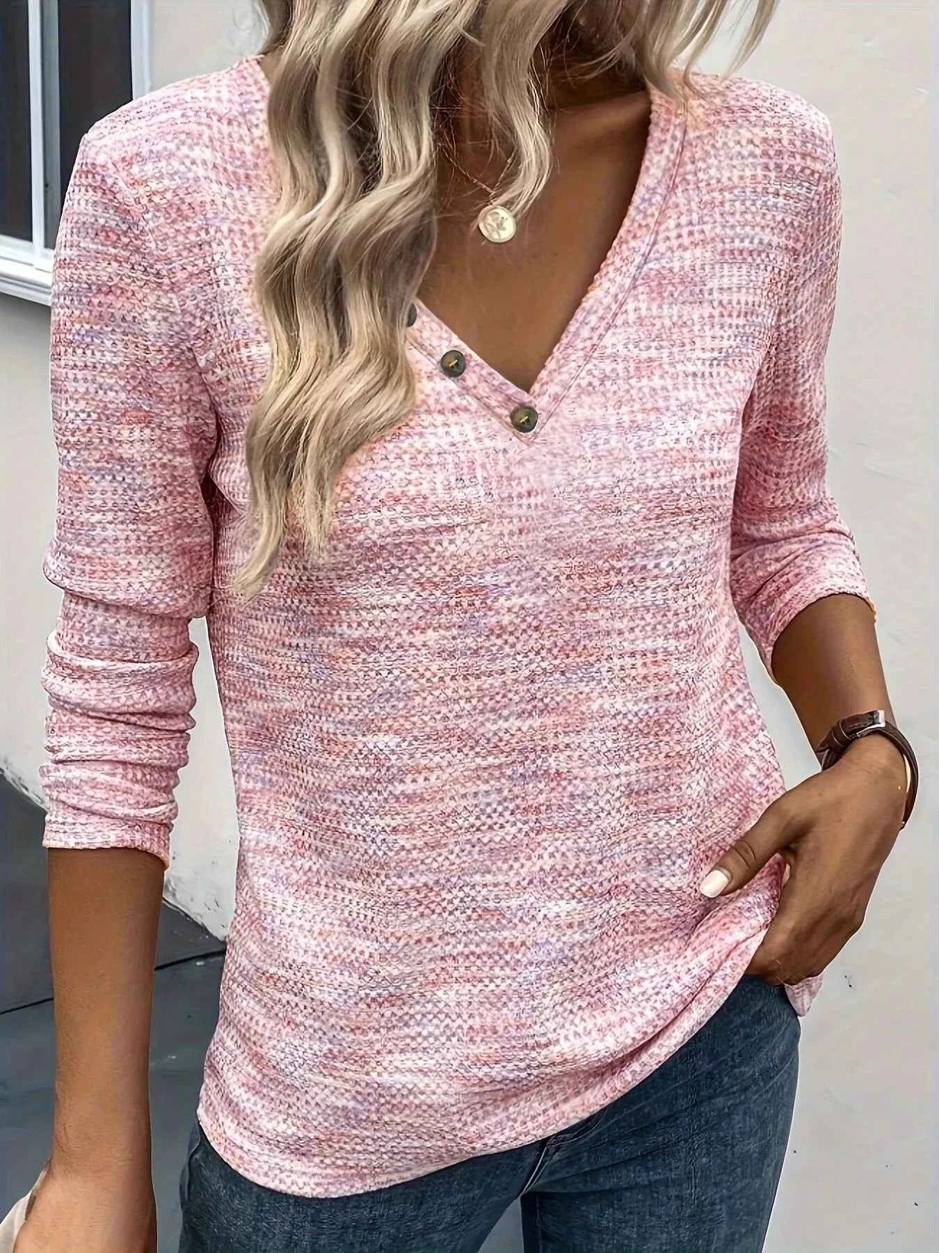 Decor Button V-Neck Long Sleeve Top Pink 98619a886e0047f8a716db39333db540-Max-Origin