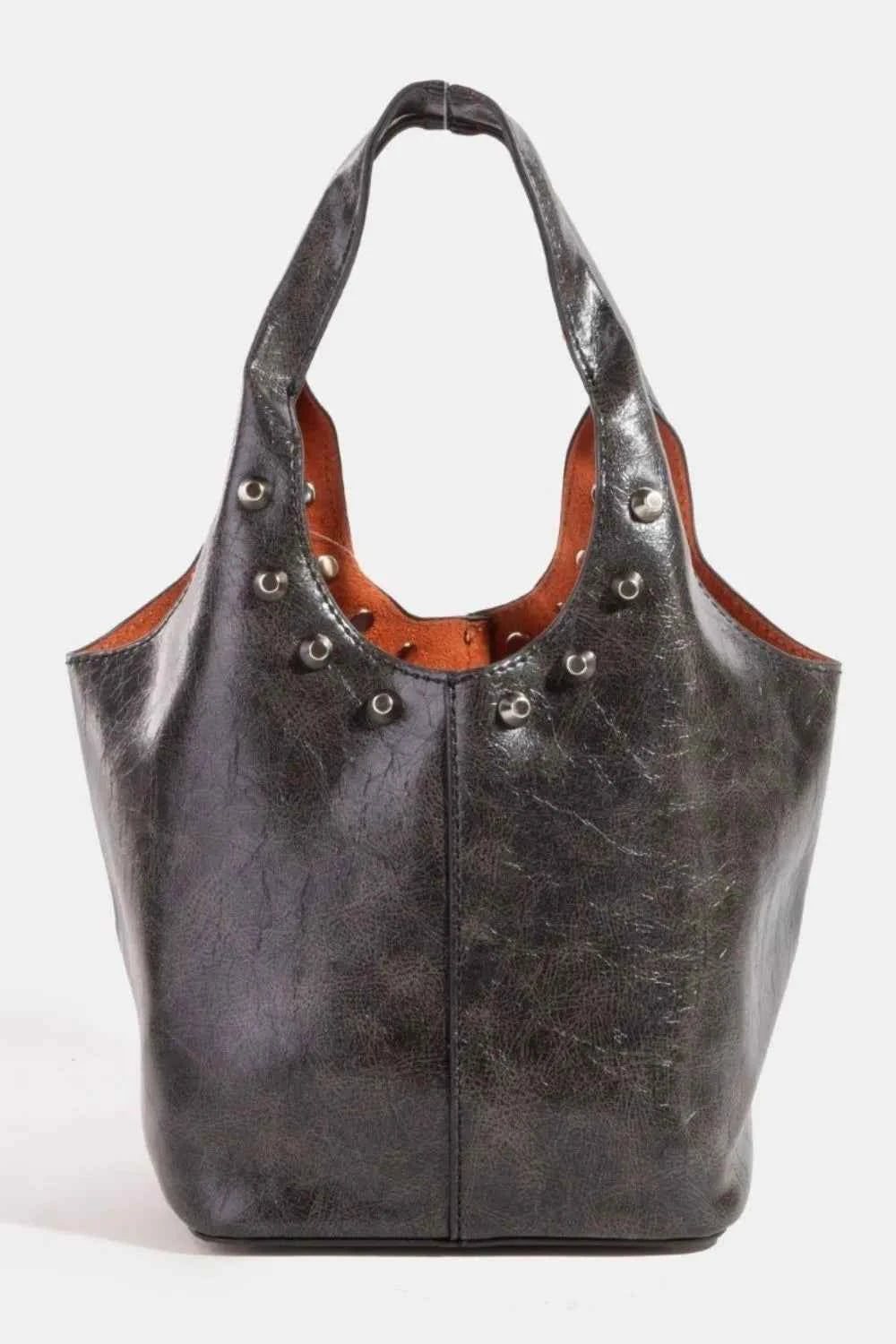 Fame Weathered Faux Leather And Studs Bucket Bag BK One Size 98661f4b-f6a3-419b-b565-461b1e70be33-Max-Origin