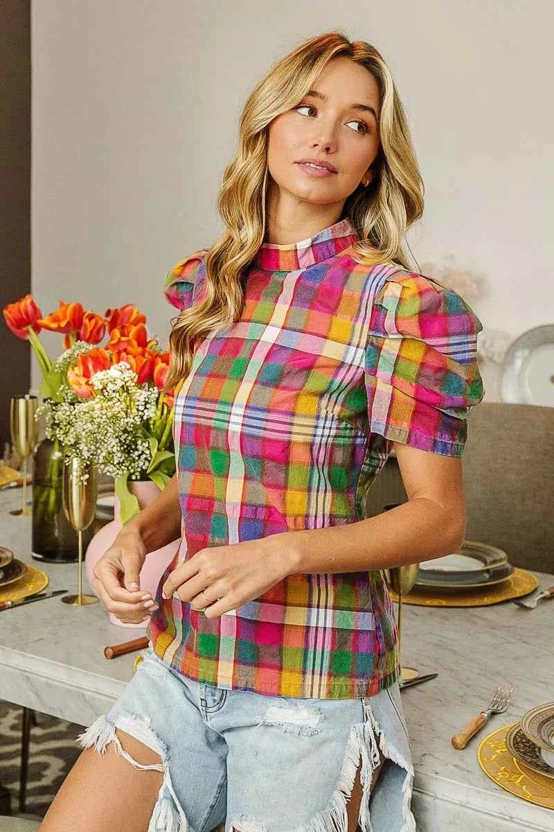 BiBi Short Puff Sleeve Washed Vintage Plaid Top 986645dae91047a1b33e480485548713-Max-Origin