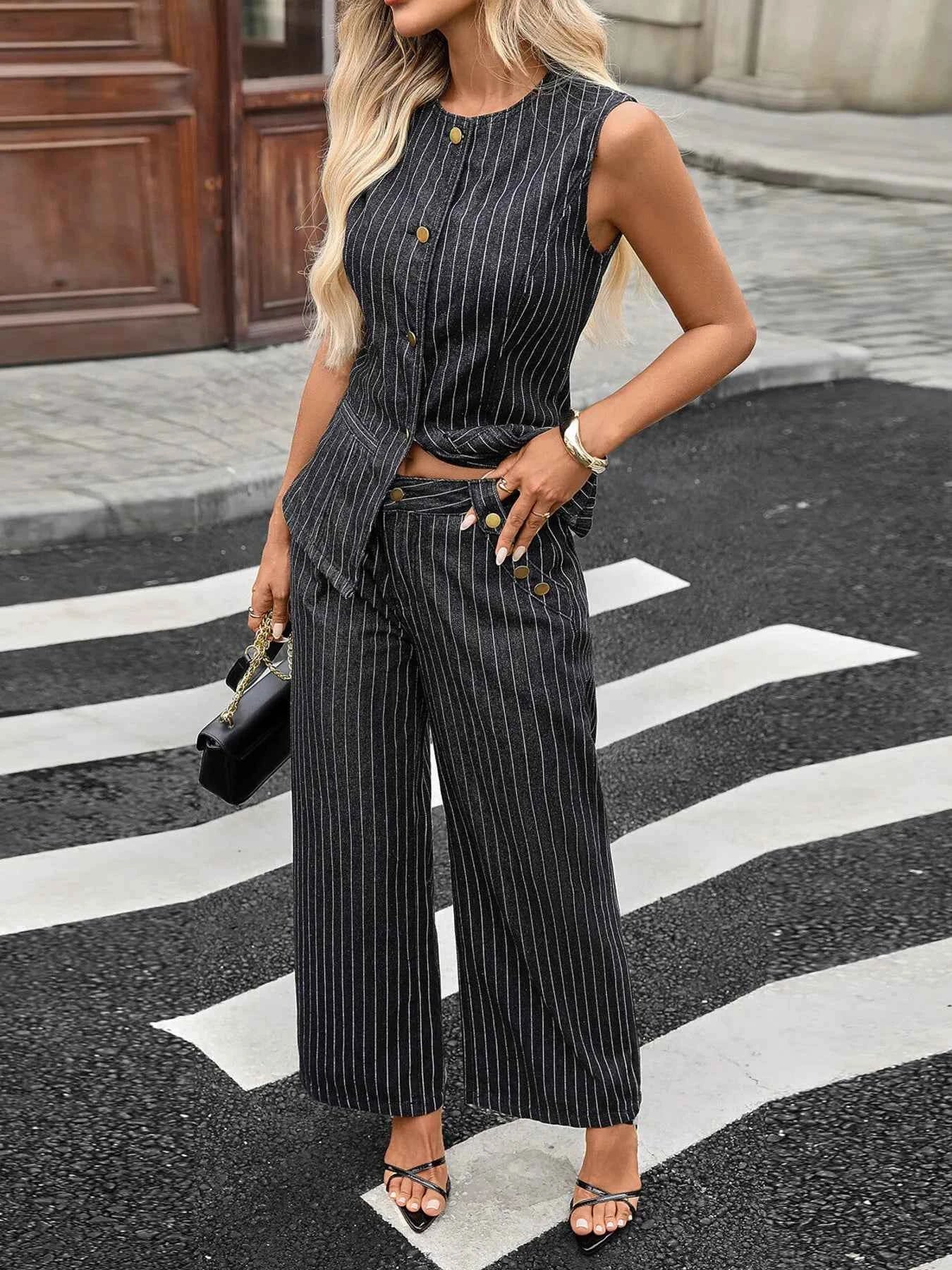 Striped Button Down Tank and Pants Denim Set Striped Suit 9866607b54ba4cddb67ae323a51b03b4-Max-Origin