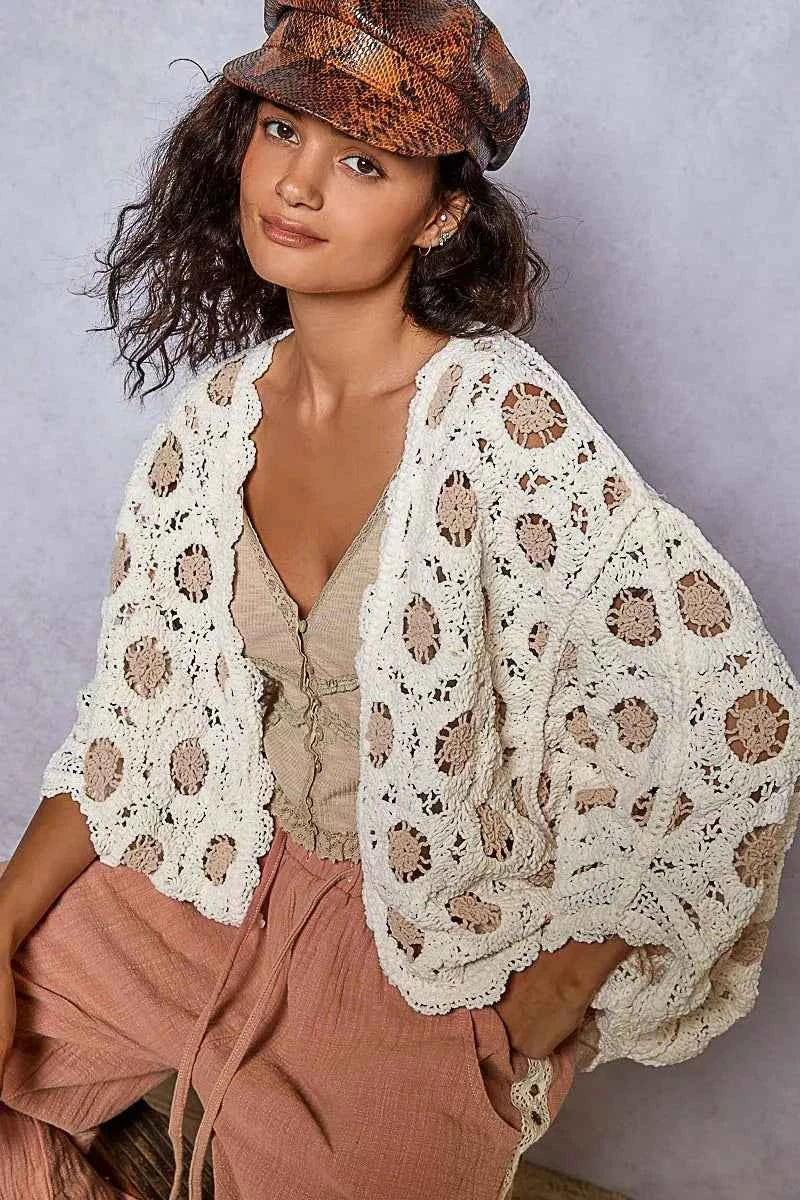 POL Openwork V-Neck Chenille Cardigan with Contrast Floral 986b172b-715d-4d93-b119-70a2ae0c0412-Max-Origin