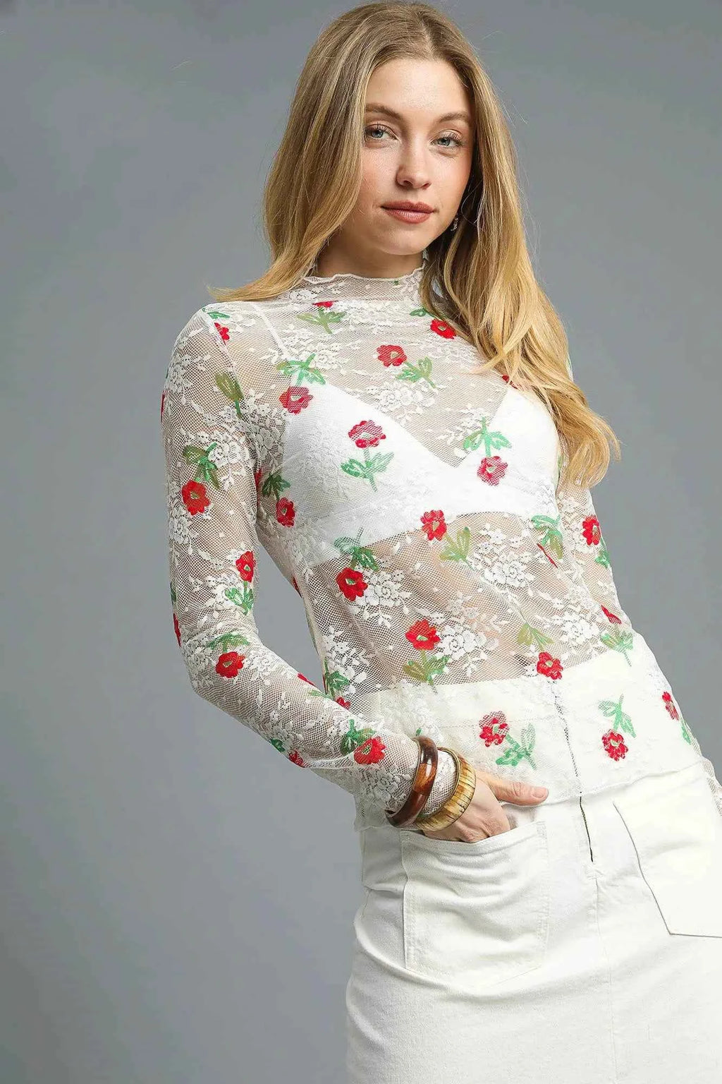Umgee Floral Mock Neck Long Sleeve Sheer Top White 98704a27-386a-4e40-b666-ec6fd7d7482d-Max-Origin