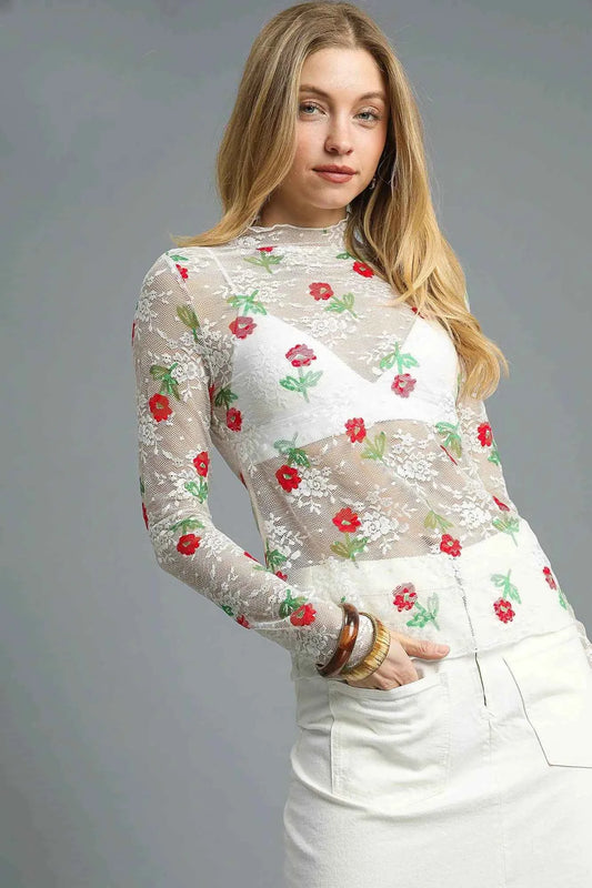 Floral Mock Neck Long Sleeve Sheer Top White 98704a27-386a-4e40-b666-ec6fd7d7482d-Max-Origin