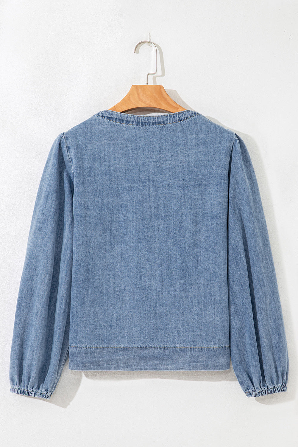 Dusk Blue Bow Tie Front Puff Sleeve Denim Top 98710a6f71b05faa