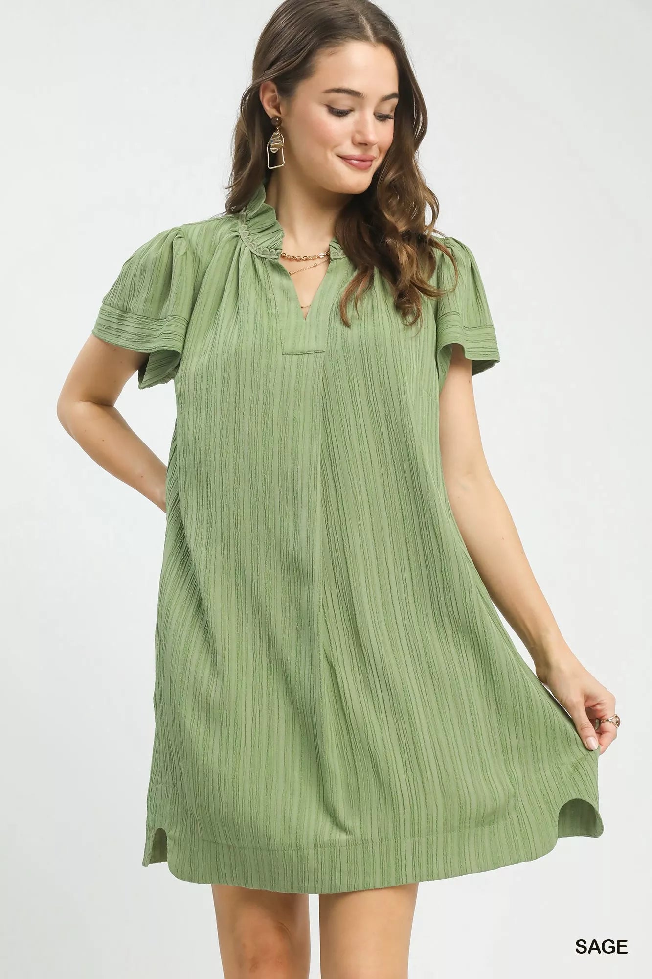 Umgee Flutter Sleeve V-Neck Shift Dress SAGE 98745d10-f8ed-4f24-b356-56ce80a5df5e-Max-Origin
